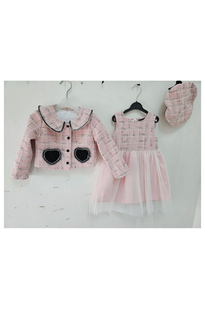 Girl's Tweed Jacket And Beret And Dress With Voile Stockings Set