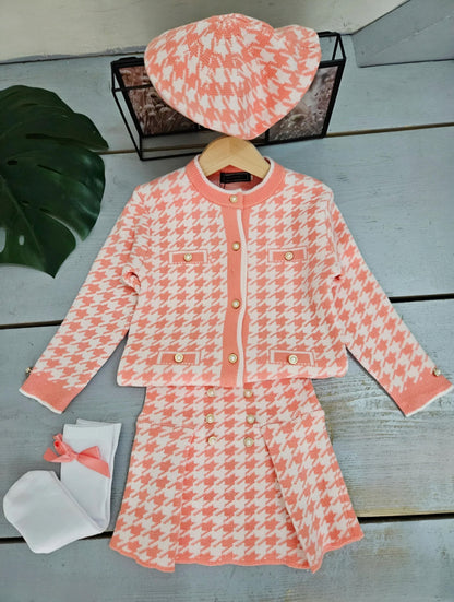 Knitted Cardigan and Houndstooth Skirt Set with Pearl Buttons