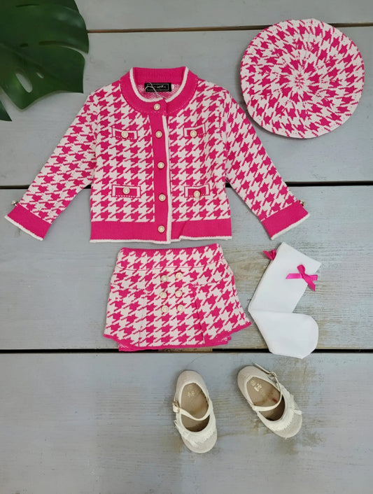 Knitted Cardigan and Houndstooth Skirt Set with Pearl Buttons
