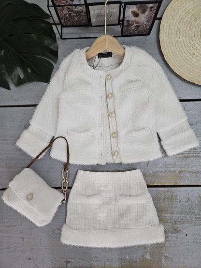 Girls' Faux Fur Jacket And Short Tweed Skirt Set