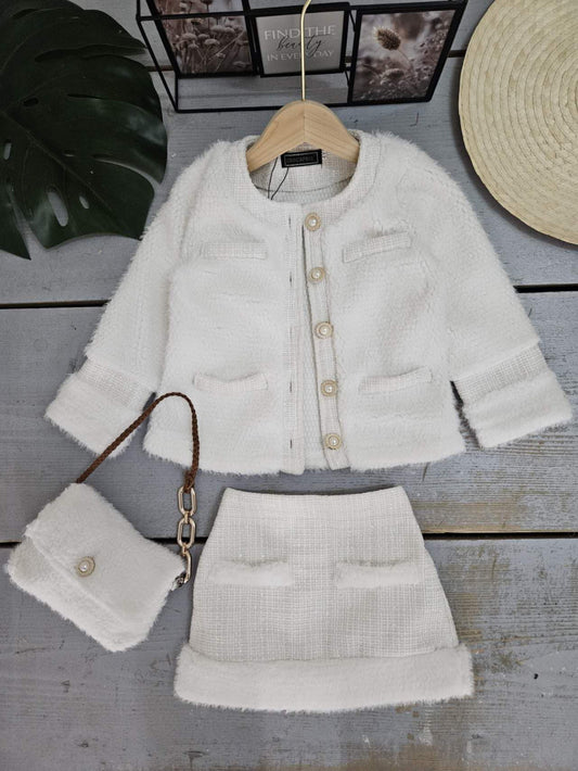 Girls' Faux Fur Jacket And Short Tweed Skirt Set