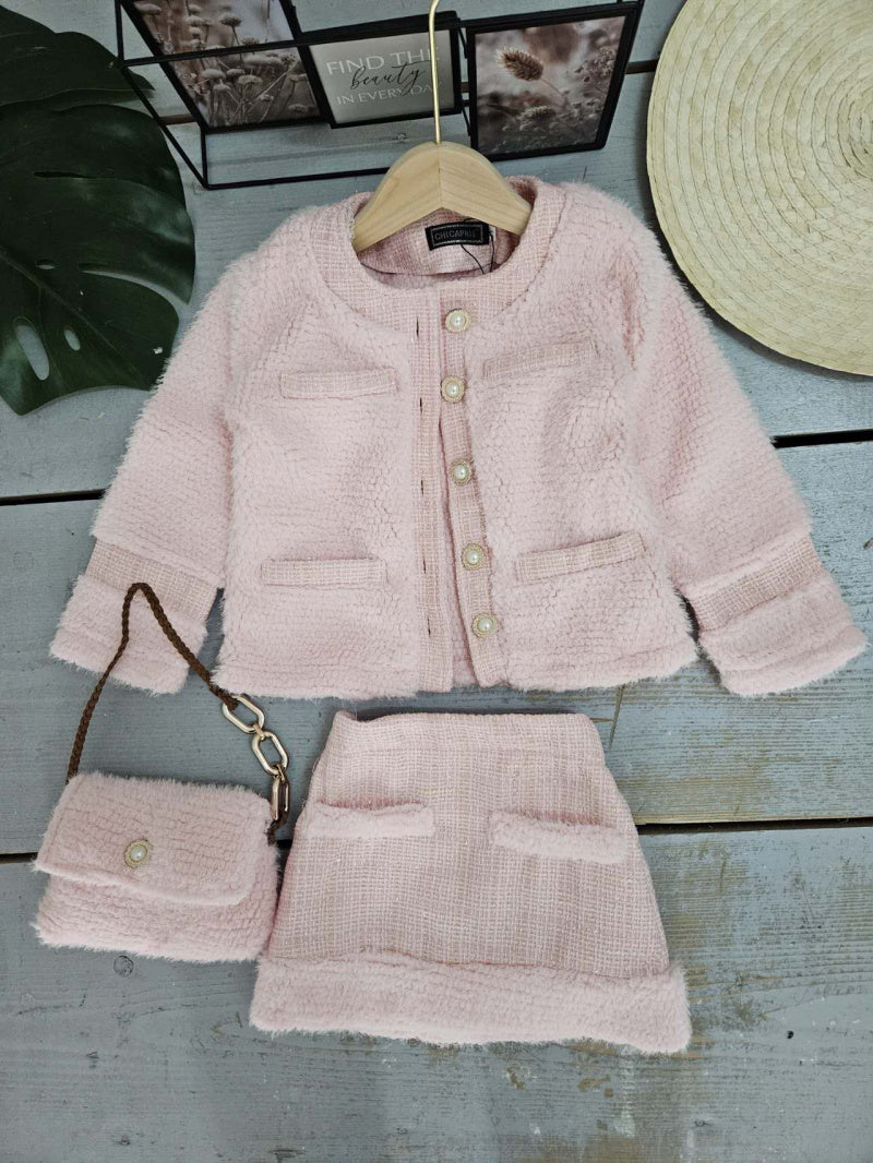 Girls' Faux Fur Jacket And Short Tweed Skirt Set