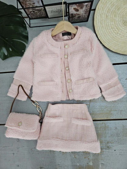 Girls' Faux Fur Jacket And Short Tweed Skirt Set