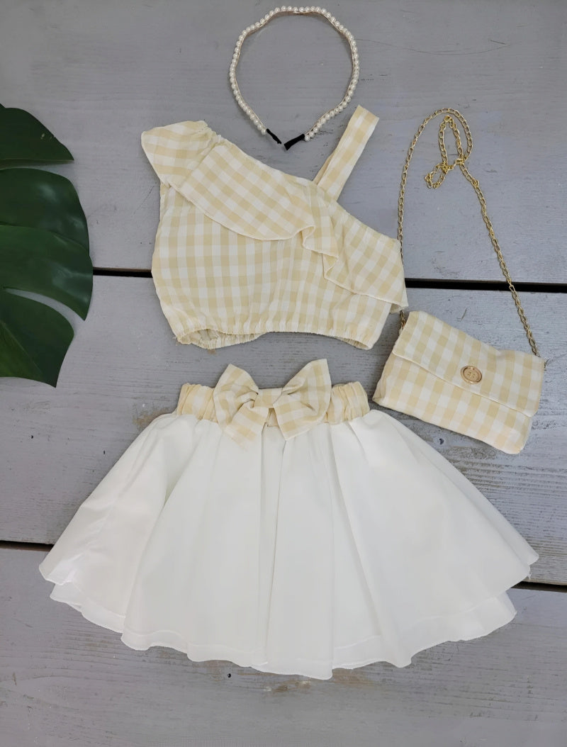 Girls' Asymmetrical Ruffle Check Sleeveless Top and Bow Skirt Set