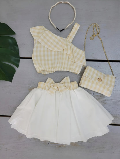 Girls' Asymmetrical Ruffle Check Sleeveless Top and Bow Skirt Set