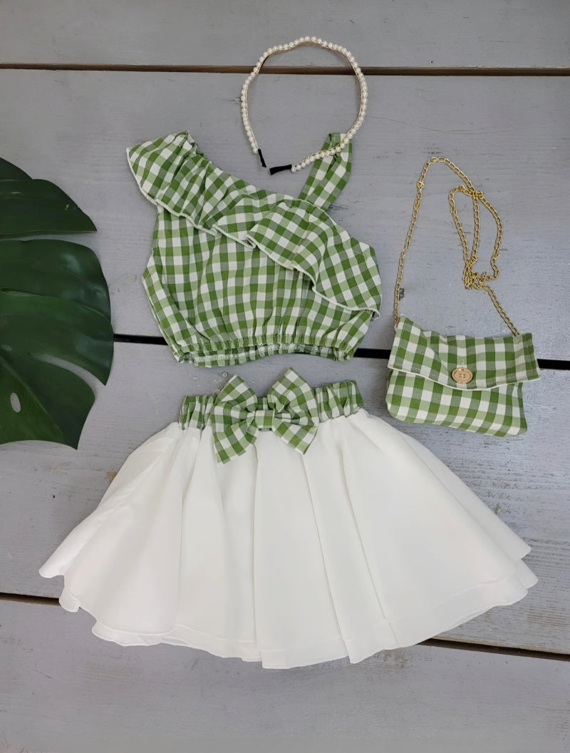 Girls' Asymmetrical Ruffle Check Sleeveless Top and Bow Skirt Set
