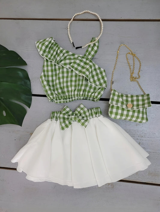 Girls' Asymmetrical Ruffle Check Sleeveless Top and Bow Skirt Set