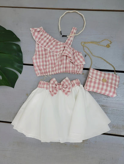Girls' Asymmetrical Ruffle Check Sleeveless Top and Bow Skirt Set