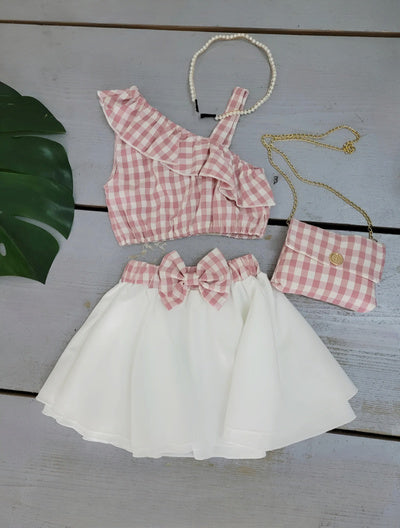 Girls' Asymmetrical Ruffle Check Sleeveless Top and Bow Skirt Set