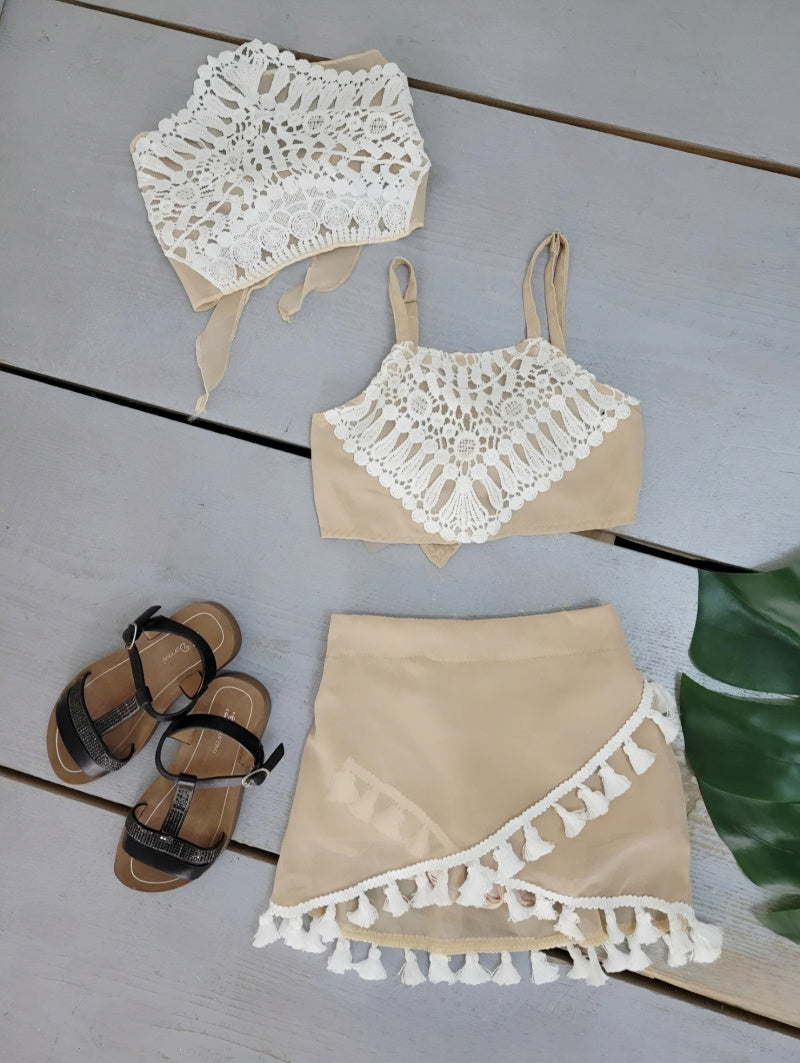 Girl's Top Set with Headband Lace Details and Pompom Fringe Shorts