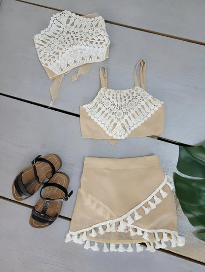 Girl's Top Set with Headband Lace Details and Pompom Fringe Shorts