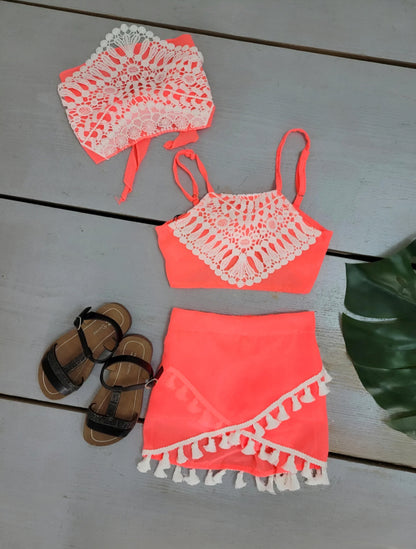 Girl's Top Set with Headband Lace Details and Pompom Fringe Shorts