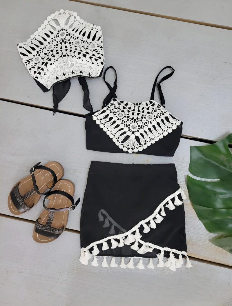 Girl's Top Set with Headband Lace Details and Pompom Fringe Shorts