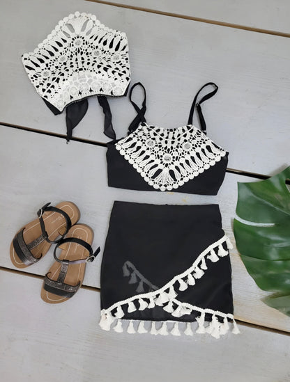Girl's Top Set with Headband Lace Details and Pompom Fringe Shorts