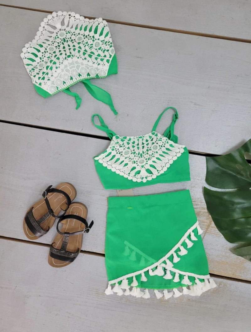 Girl's Top Set with Headband Lace Details and Pompom Fringe Shorts