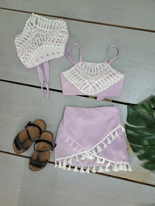 Girl's Top Set with Headband Lace Details and Pompom Fringe Shorts