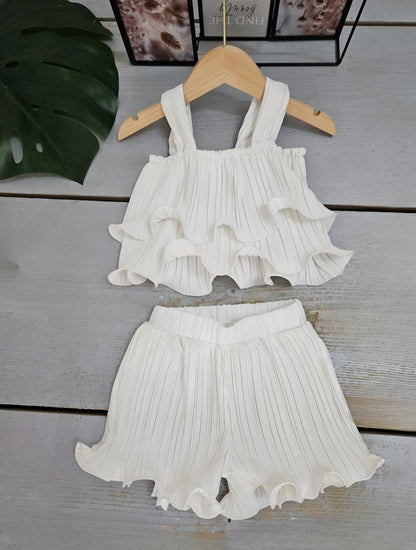 Girls’ Plain Fluid Ruffle Top and Pleated Shorts Set