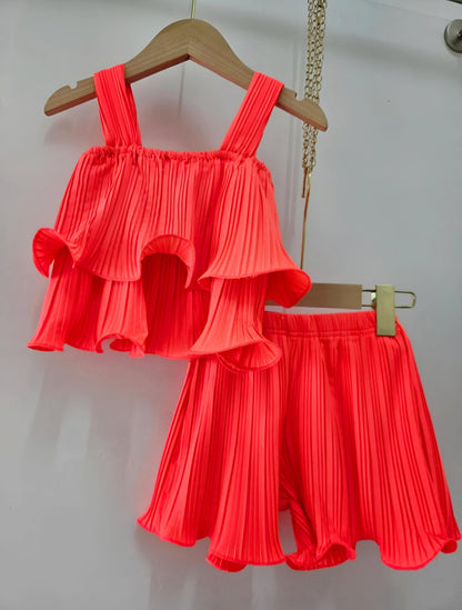 Girls’ Plain Fluid Ruffle Top and Pleated Shorts Set