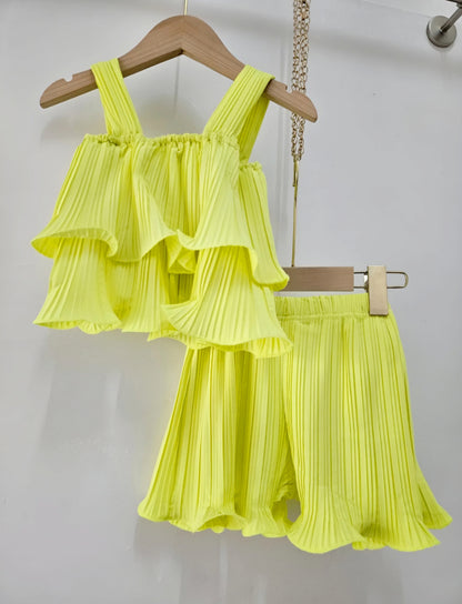 Girls’ Plain Fluid Ruffle Top and Pleated Shorts Set