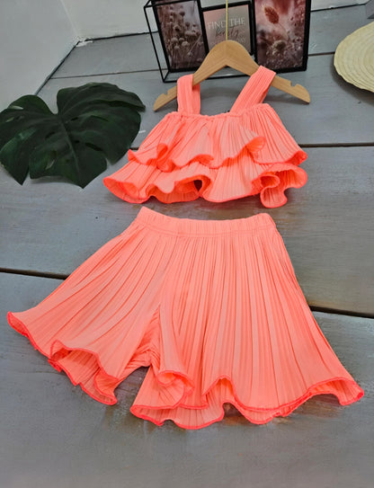 Girls’ Plain Fluid Ruffle Top and Pleated Shorts Set
