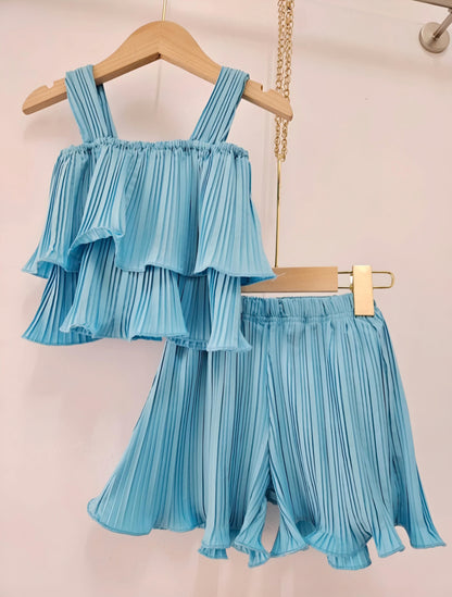 Girls’ Plain Fluid Ruffle Top and Pleated Shorts Set