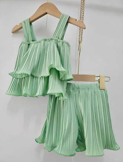 Girls’ Plain Fluid Ruffle Top and Pleated Shorts Set