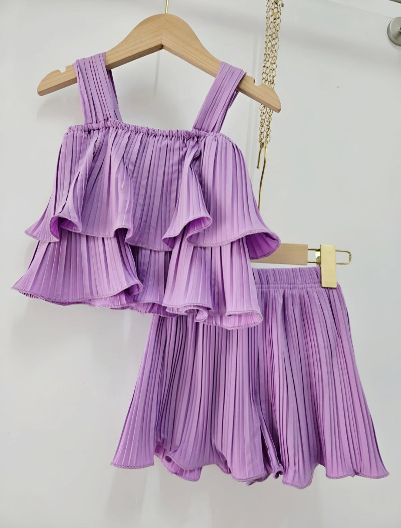 Girls’ Plain Fluid Ruffle Top and Pleated Shorts Set