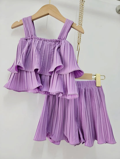 Girls’ Plain Fluid Ruffle Top and Pleated Shorts Set