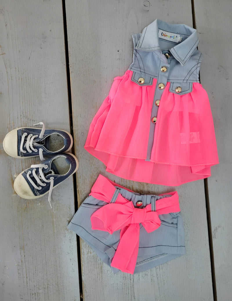 Baby Girl's Tunic and Jeans Shorts and Light Colorful Veil Set