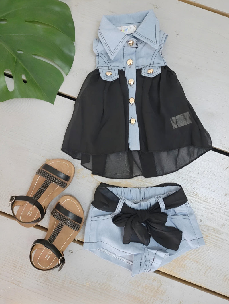 Baby Girl's Tunic and Jeans Shorts and Light Colorful Veil Set