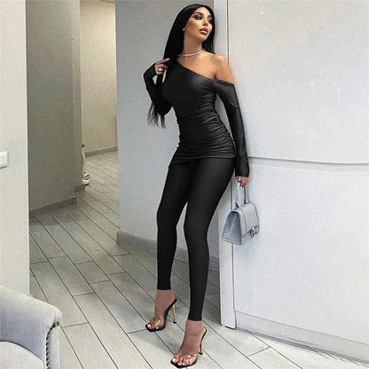Sexy Long Sleeve Slanted Shoulders Top and High Waisted Set