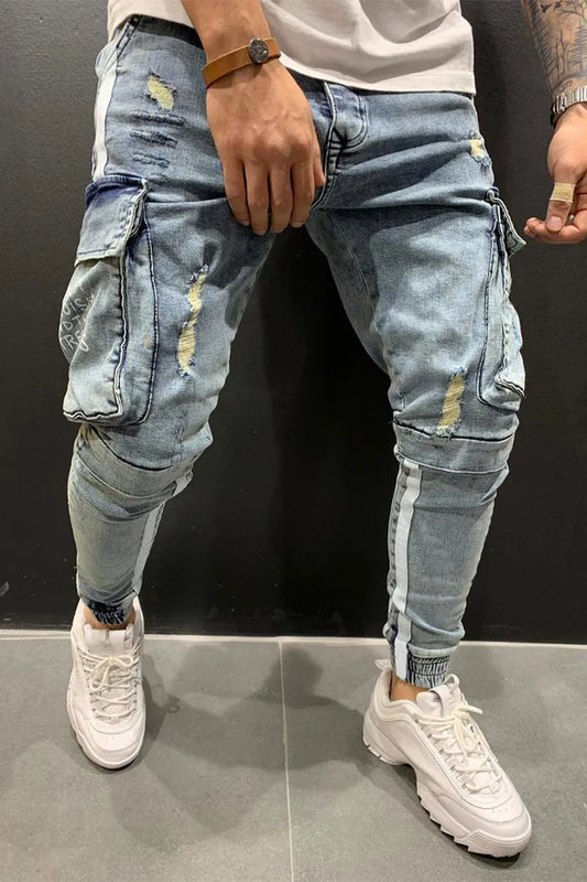 Solid Ripped Loose Pocket Pants