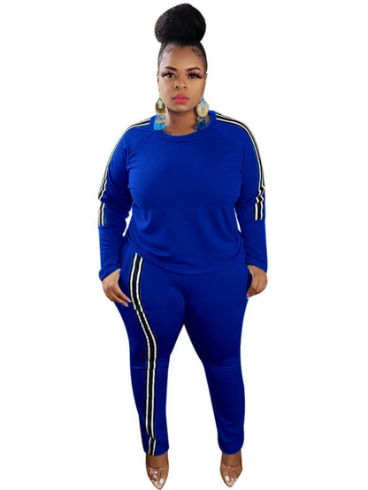Plus Size Two Piece Stripe Long Sleeve Tops + Pants Sets