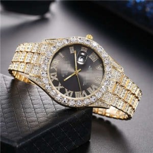 Luxurious Shining Rhinestone Embellished Roman Numerals Design Fashion Women Wrist Watch
