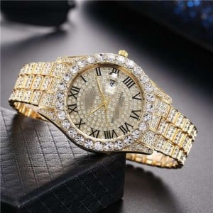 Luxurious Shining Rhinestone Embellished Roman Numerals Design Fashion Women Wrist Watch