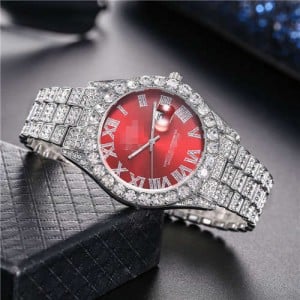 Luxurious Shining Rhinestone Embellished Roman Numerals Design Fashion Women Wrist Watch