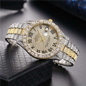 Luxurious Shining Rhinestone Embellished Roman Numerals Design Fashion Women Wrist Watch
