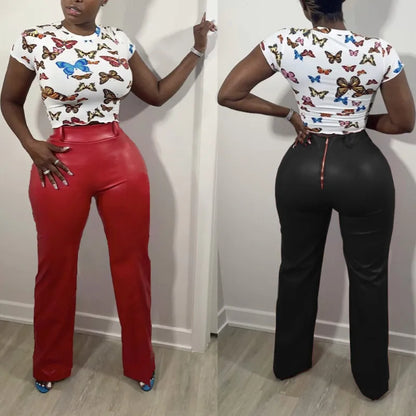 Zipper PU Wide Leg Pants