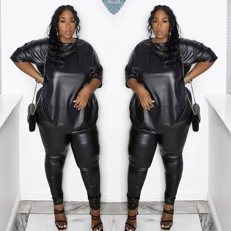 Plus Size Short Sleeve Top Tight Pants Two-Piece Set