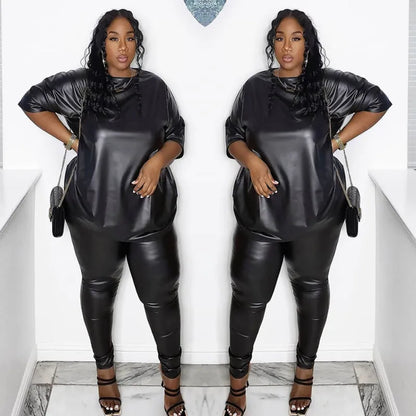 Plus Size Short Sleeve Top Tight Pants Two-Piece Set