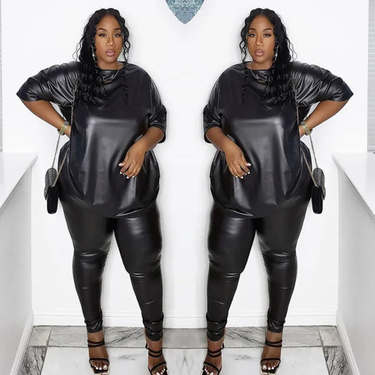 Plus Size Short Sleeve Top Tight Pants Two-Piece Set
