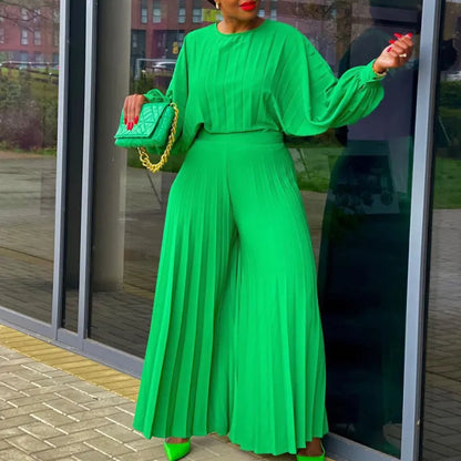 Long Sleeve Top Creased Wide Leg Pants Two-Piece Set