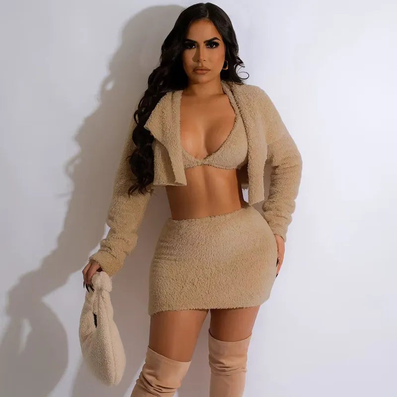 Double-Sided Plush Fleece Bra Jacket Mini Skirt Three-Piece Set