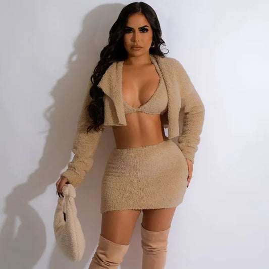 Double-Sided Plush Fleece Bra Jacket Mini Skirt Three-Piece Set