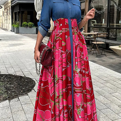 Loose Denim Print Maxi Dress