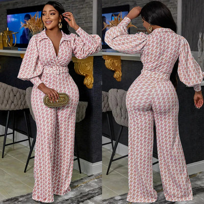 Tight V-Neck Long-Sleeved Top and Wide-Leg Pants Set