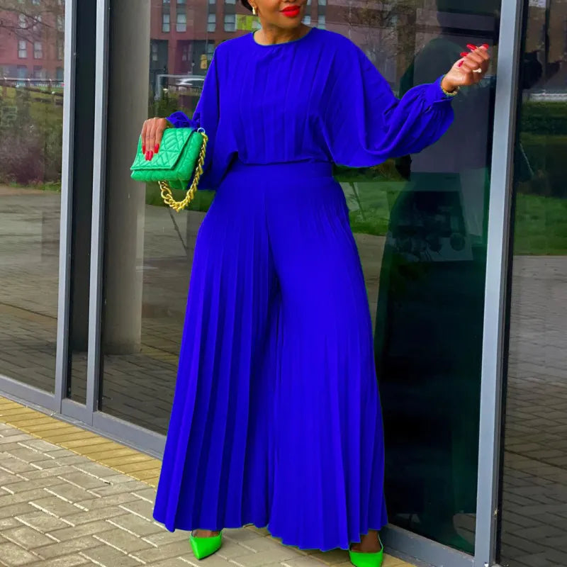 Long Sleeve Top Creased Wide Leg Pants Two-Piece Set