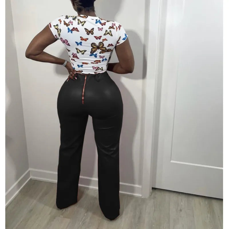 Zipper PU Wide Leg Pants