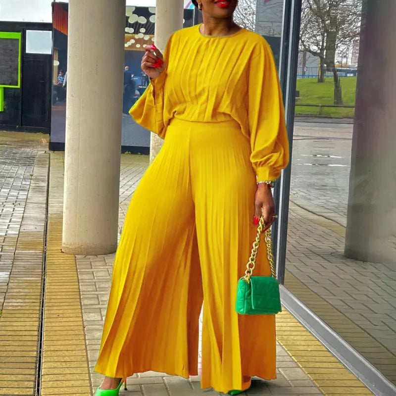 Long Sleeve Top Creased Wide Leg Pants Two-Piece Set