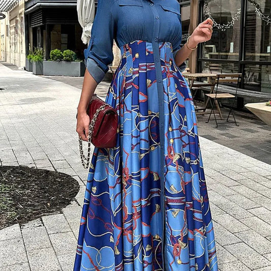 Loose Denim Print Maxi Dress